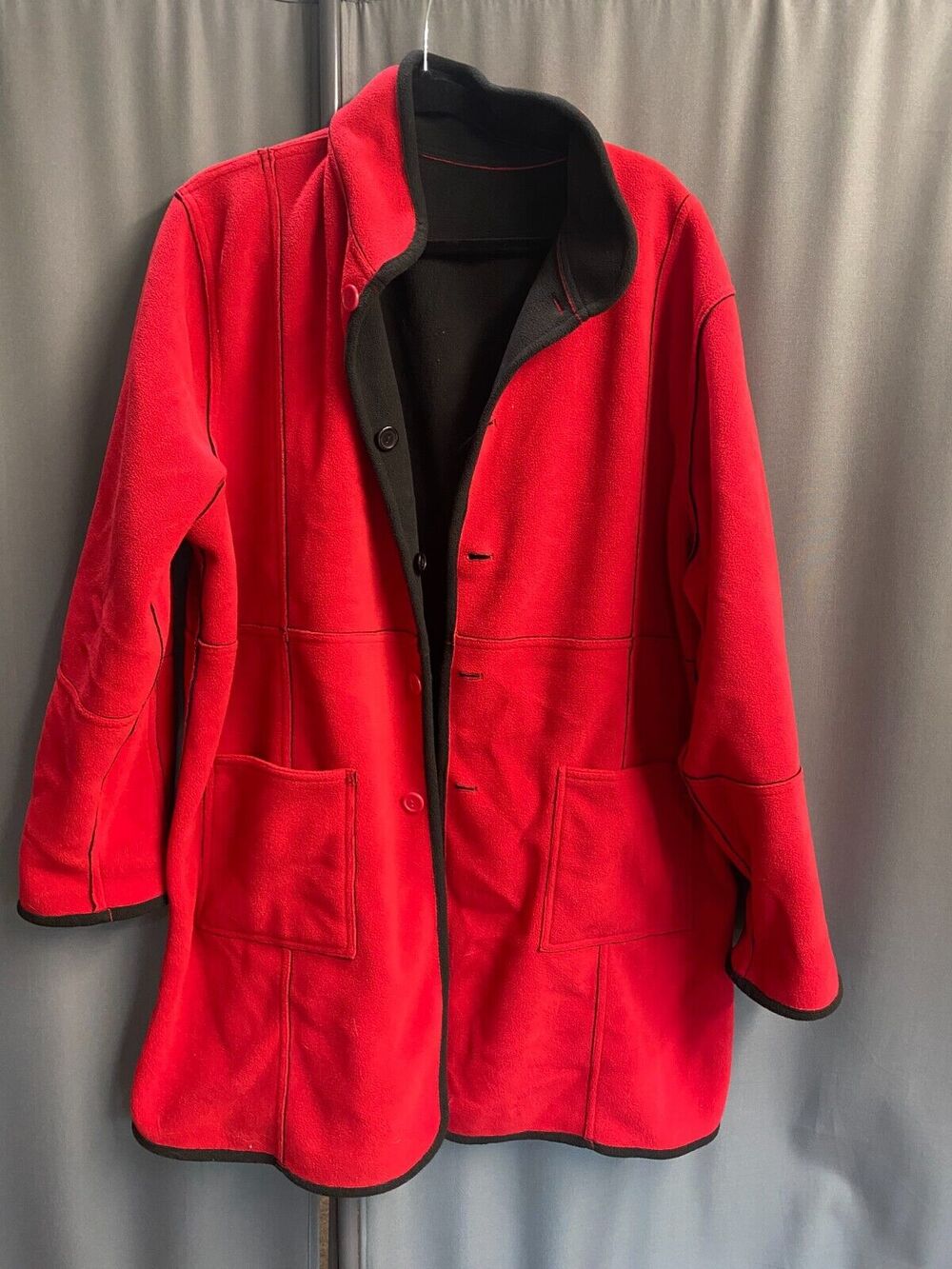 Susan Graver Fleece Jacket 1X Red Button Front Pockets Reversible B76